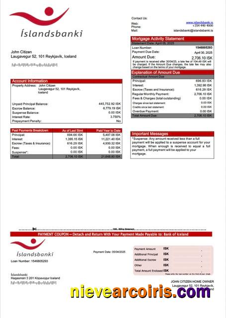 Iceland Bank of Iceland (Íslandsbanki) mortgage statement Word and PDF template